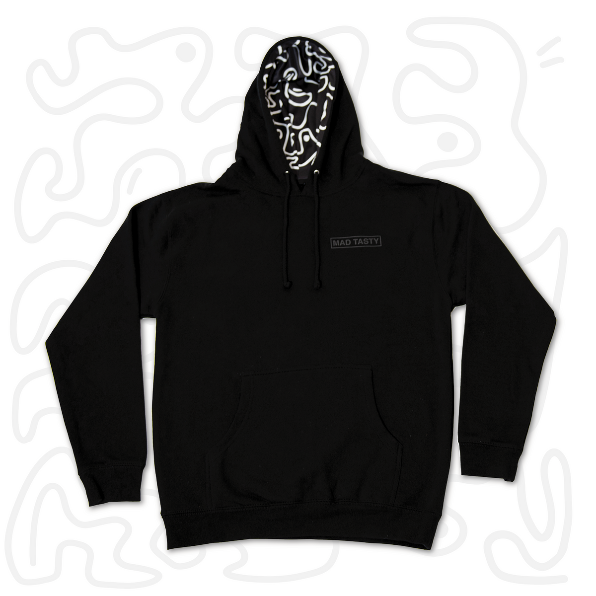 Cozy lined hoodie in black with a monochromatic raised MAD TASTY logo and hoodie lined with our signature art