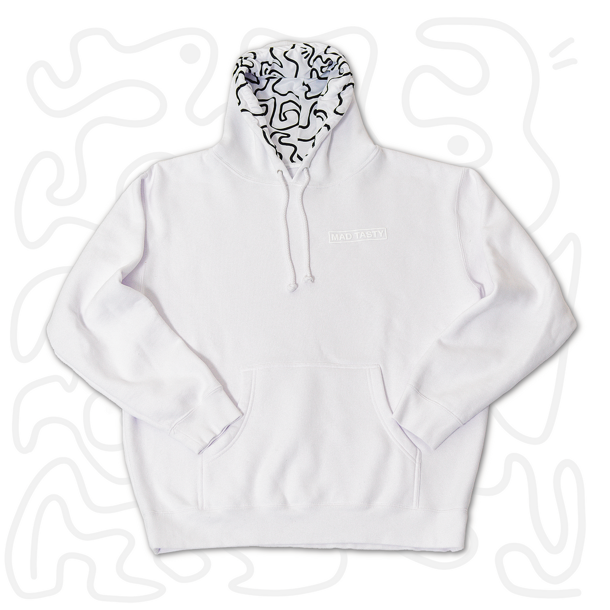 Cozy lined hoodie in white with a monochromatic raised MAD TASTY logo and hoodie lined with our signature art